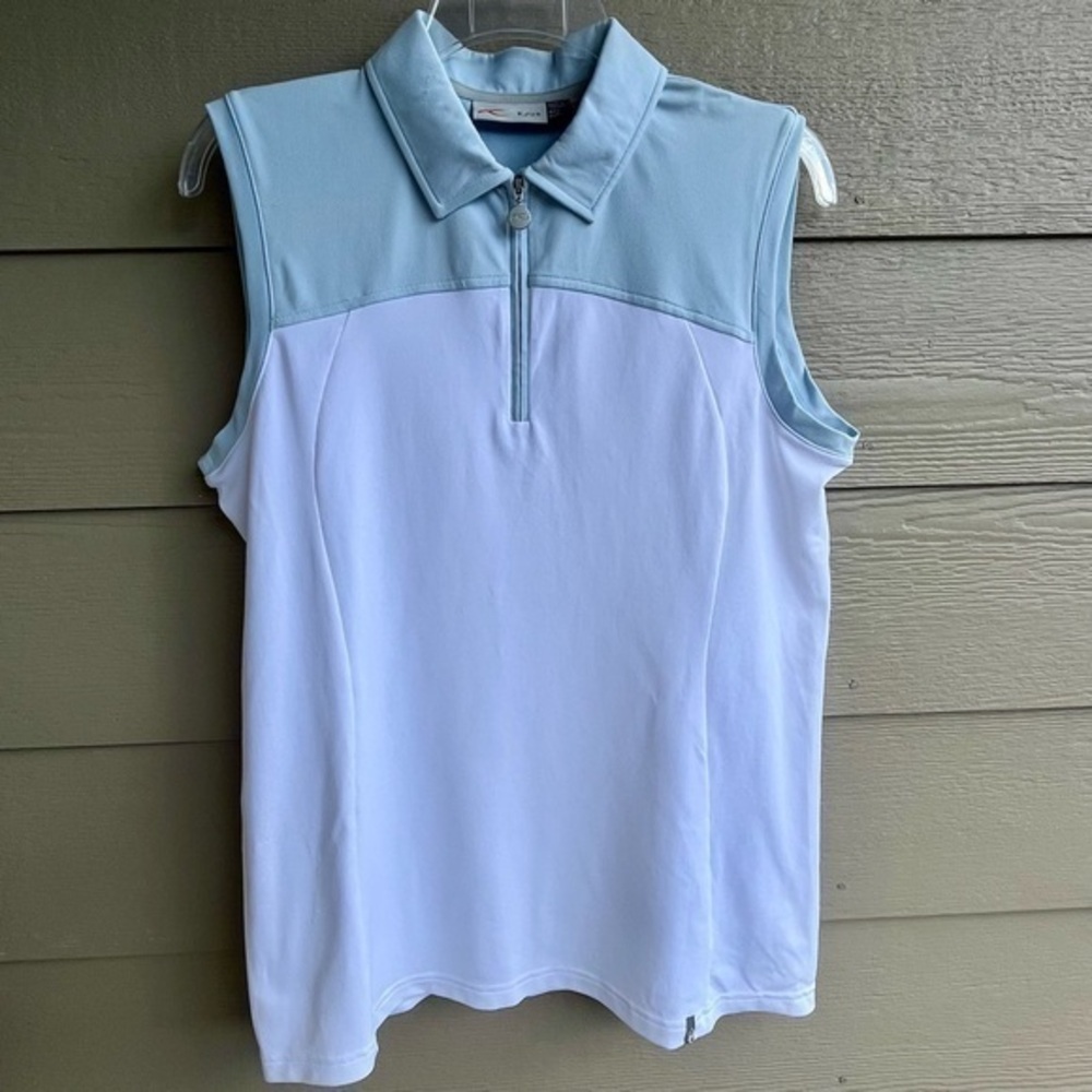KJUS Women Top Blue White 40 L Sport Fit UPF 50+ Polo Sleeveless‎ 38” Bust Golf